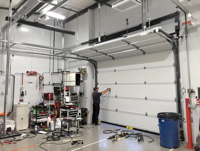 Bay Village Garage Door Repair certified technician performing commercial door repair at a Bay Village business facility