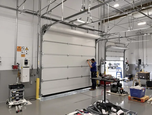 Commercial garage door repair being performed by Bay Village Garage Door Repair expert in Bay Village