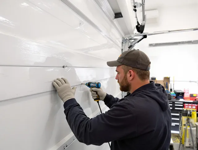 Bay Village Garage Door Repair technician demonstrating precision dent removal techniques on a Bay Village garage door