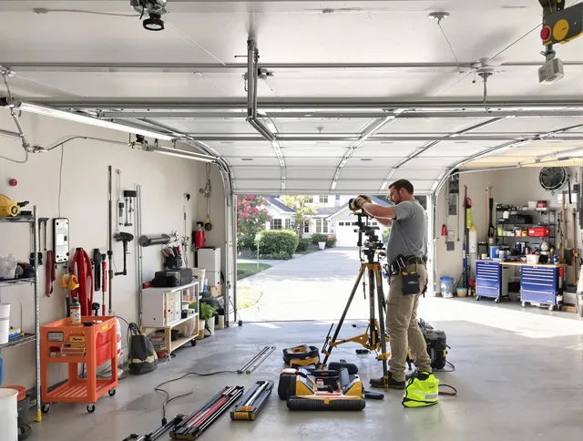 Bay Village Garage Door Repair specialist performing laser-guided track alignment in Bay Village